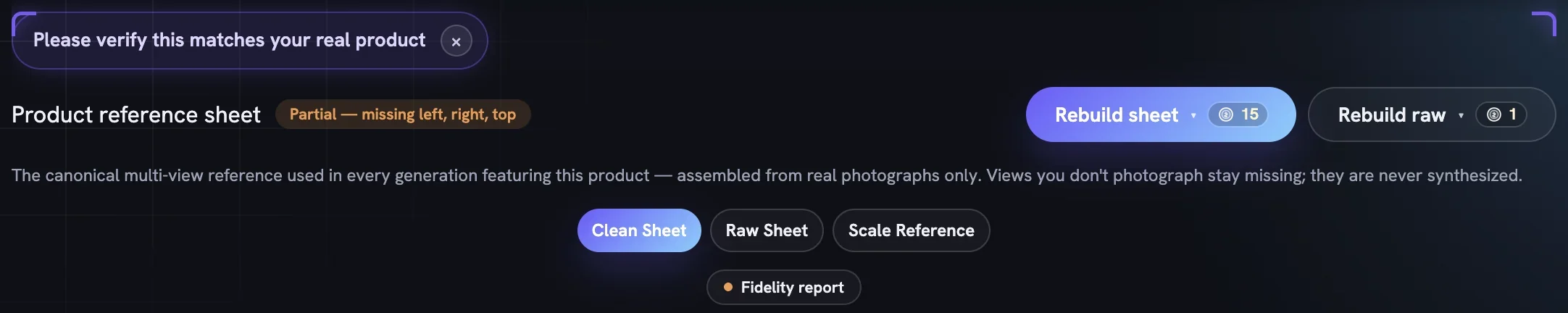 The Product reference sheet header with a Partial badge listing missing views and the two rebuild buttons