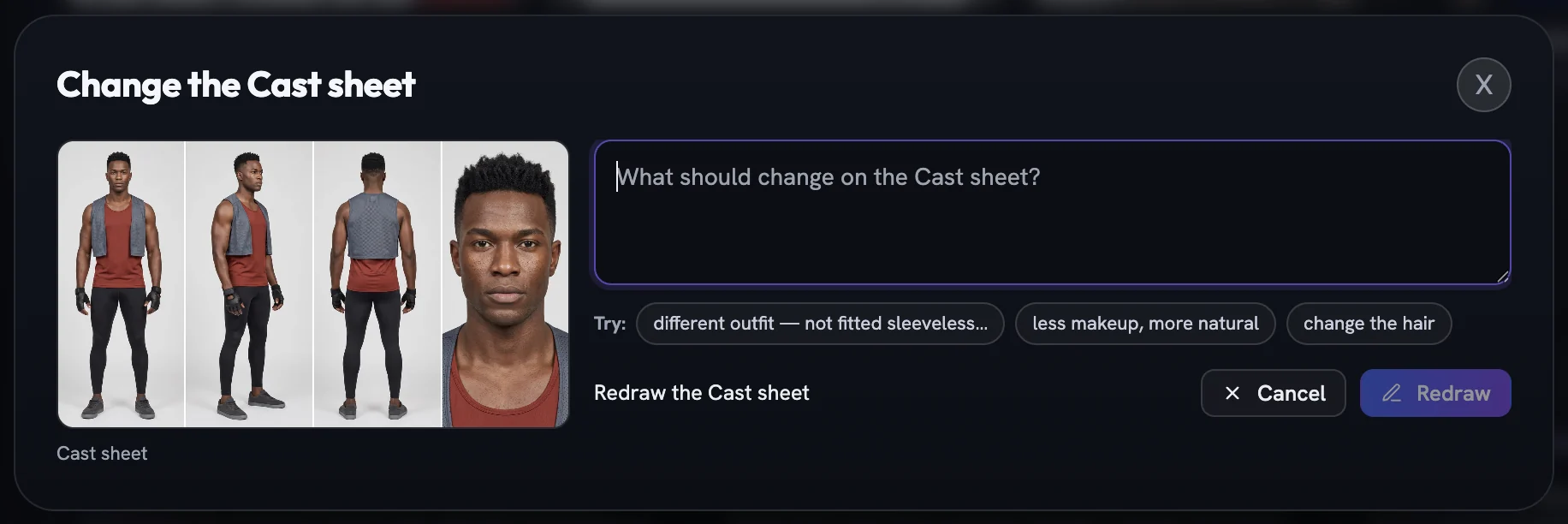 Change the Cast sheet panel with a four-view cast preview, note box and wardrobe example chips
