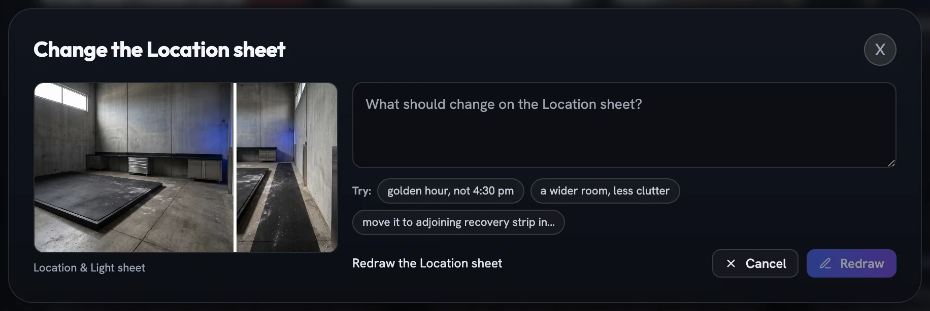 Change the Location sheet panel with a two-view gym preview, note box and light and room example chips