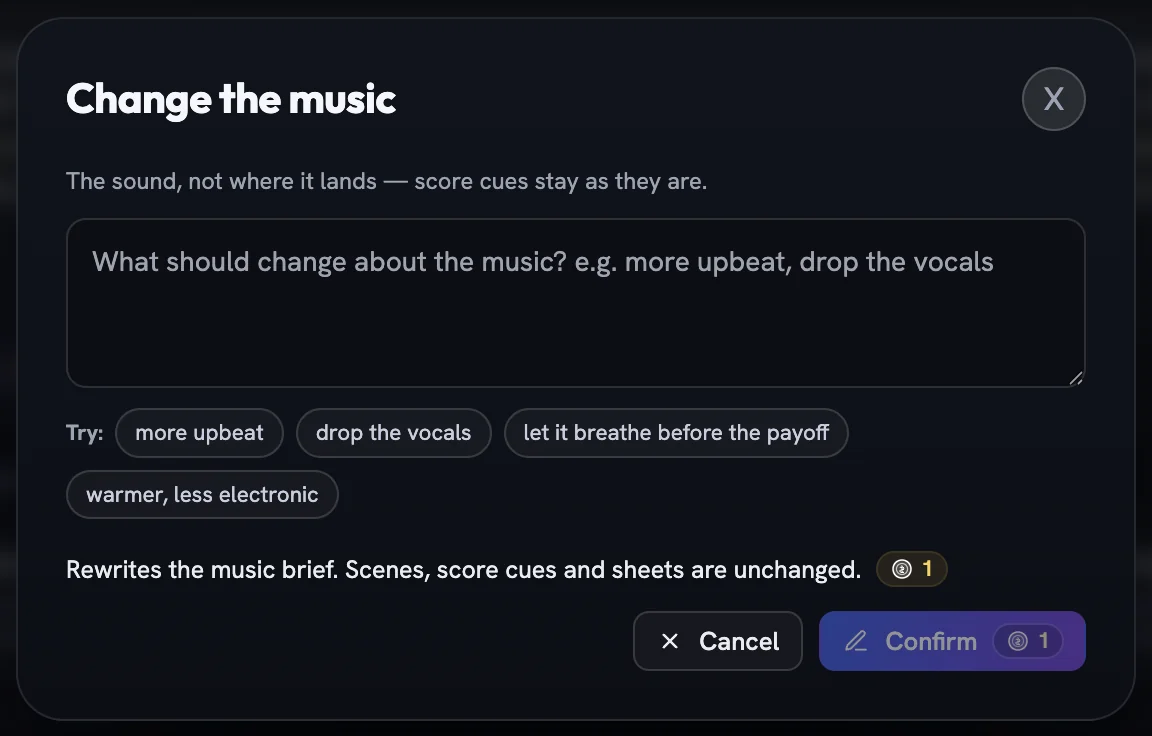 The Change the music panel with a note box, four example chips and the line about scenes and score cues staying unchanged
