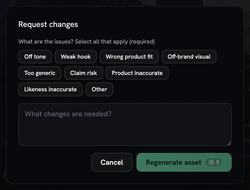 The Request changes dialog with nine reason pills, a What changes are needed text box, and Cancel and Regenerate asset buttons