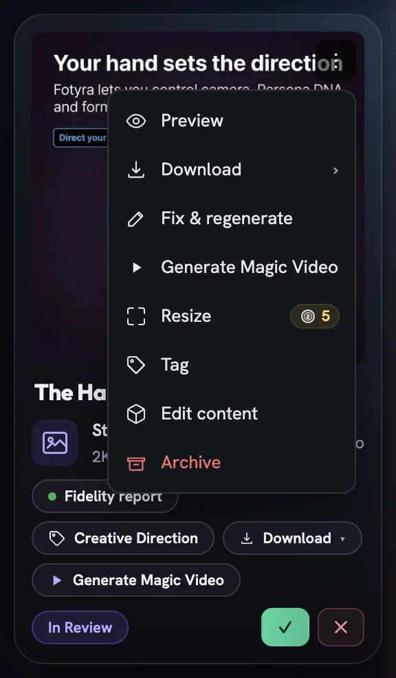 The card menu on a static ad, listing Preview, Download, Fix & regenerate, Generate Magic Video, Resize with a credit badge, Tag, Edit content and Archive