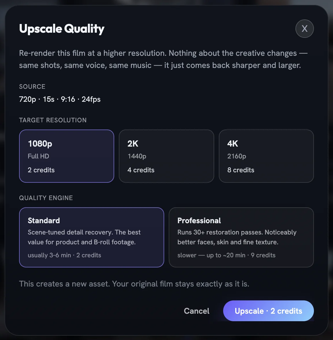 The Upscale Quality dialog with a Source line, 1080p, 2K and 4K target cards with prices, Standard and Professional engine cards and an Upscale button