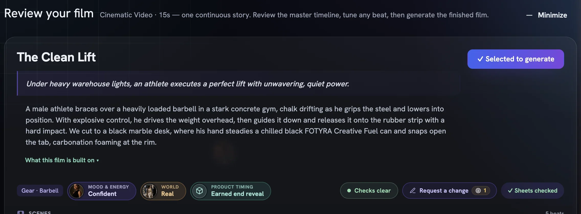 The Review your film header with a concept titled The Clean Lift, its synopsis and the facts strip beneath