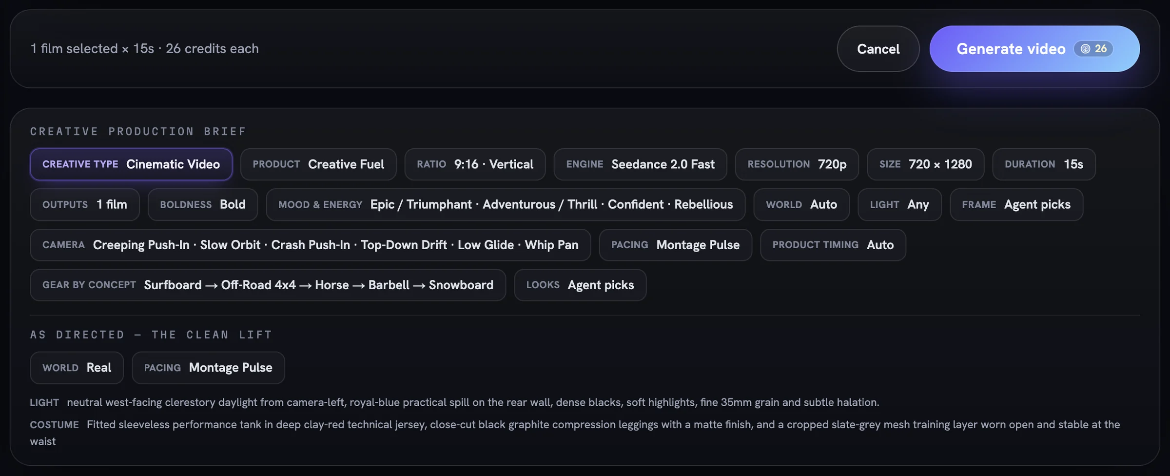 The generate bar reading one film selected, with Cancel and Generate video, above the Creative Production Brief chips