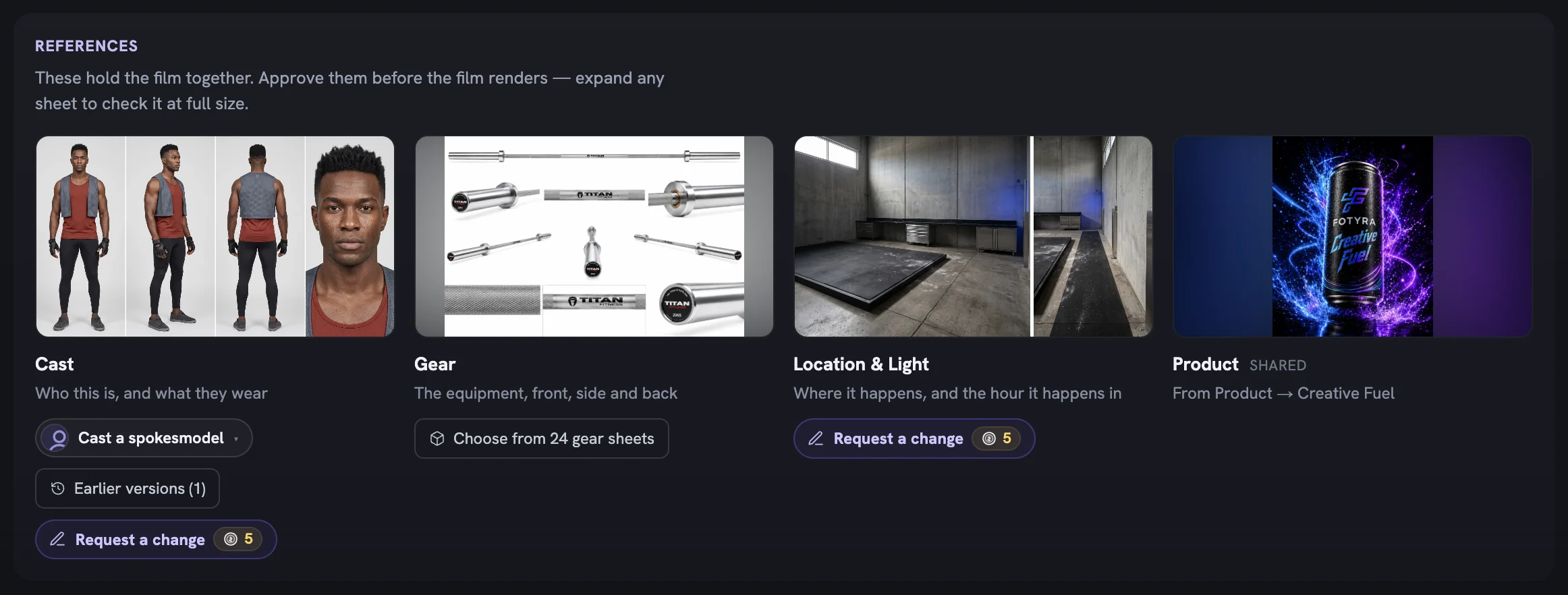 The References section of the film review with Cast, Gear, Location & Light and Product sheet tiles