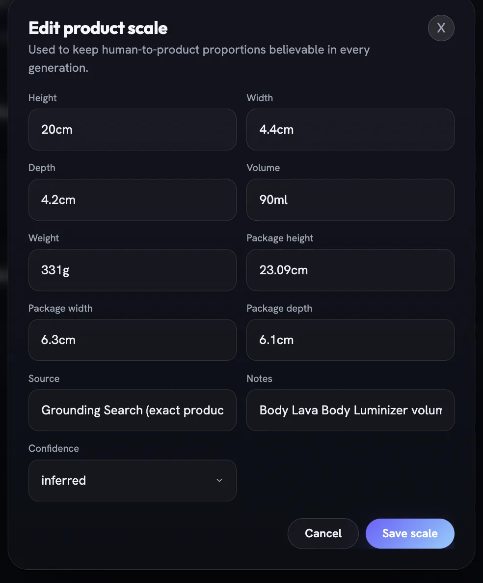 The Edit product scale dialog with Height, Width, Depth, Volume, Weight and the three package fields filled in, Source and Notes, a Confidence select reading inferred, and Cancel and Save scale buttons