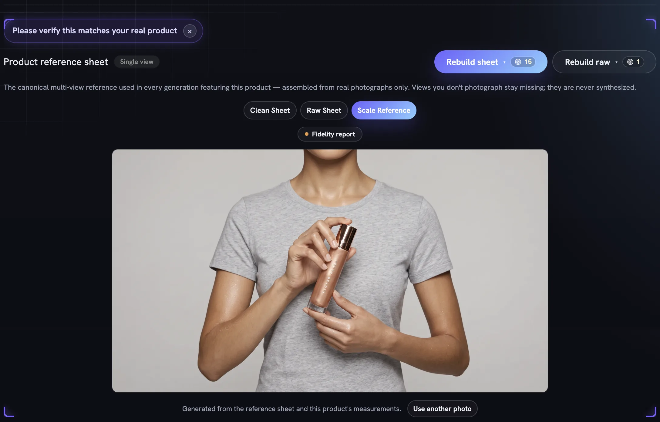 The Scale Reference tab showing a body in a grey t-shirt holding a body-luminizer bottle at chest height with no face in frame, captioned Generated from the reference sheet and this product's measurements beside a Use another photo button