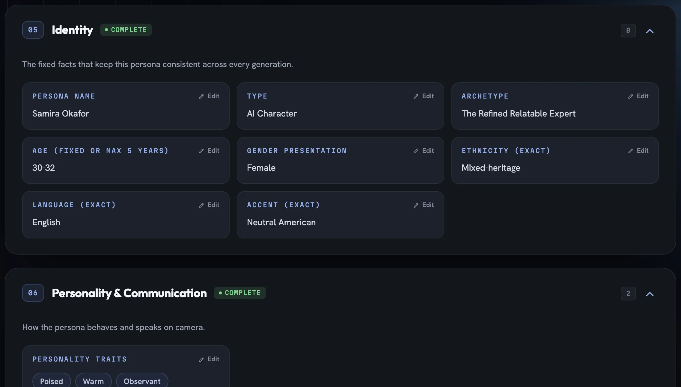 The Identity section with editable fields for name, type, archetype, age, gender presentation, ethnicity, language and accent, above Personality & Communication