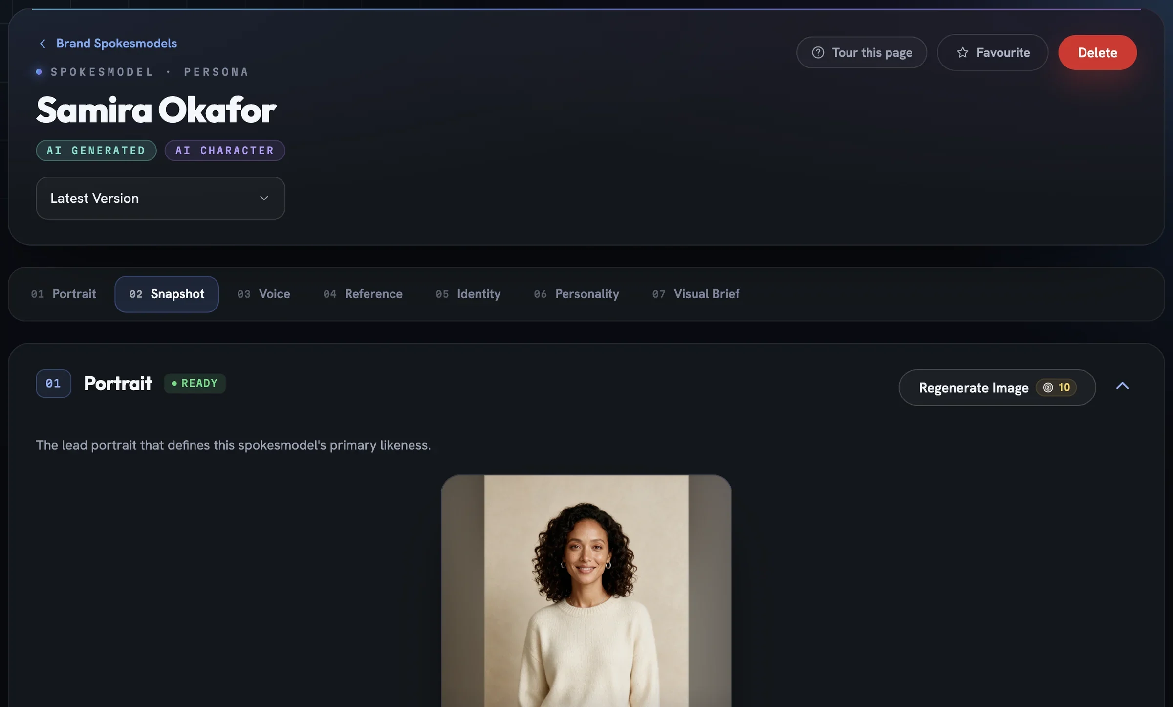 A spokesmodel profile header with AI Generated and AI Character pills, the section strip and the Portrait section marked ready