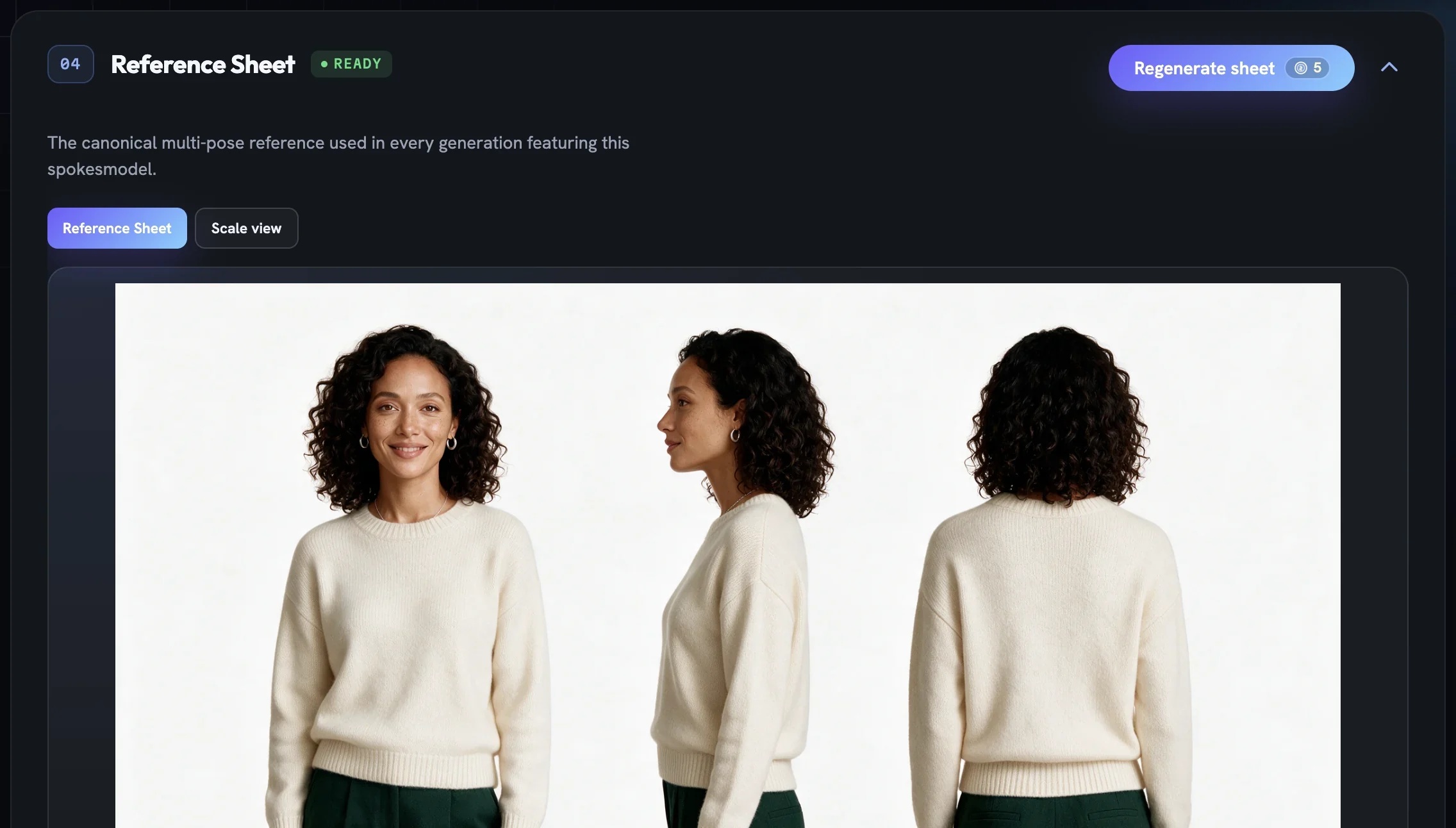 The Reference Sheet section with front, three-quarter and back views of the persona
