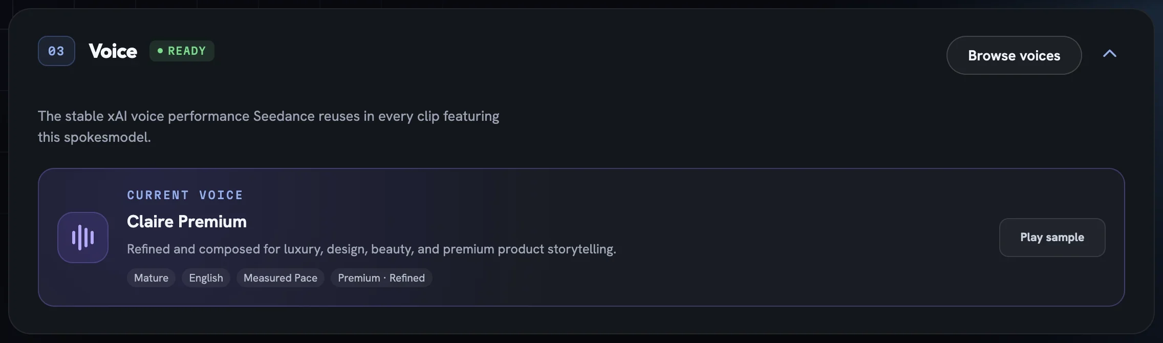 The Voice section showing the current voice with tone tags, Play sample and Browse voices