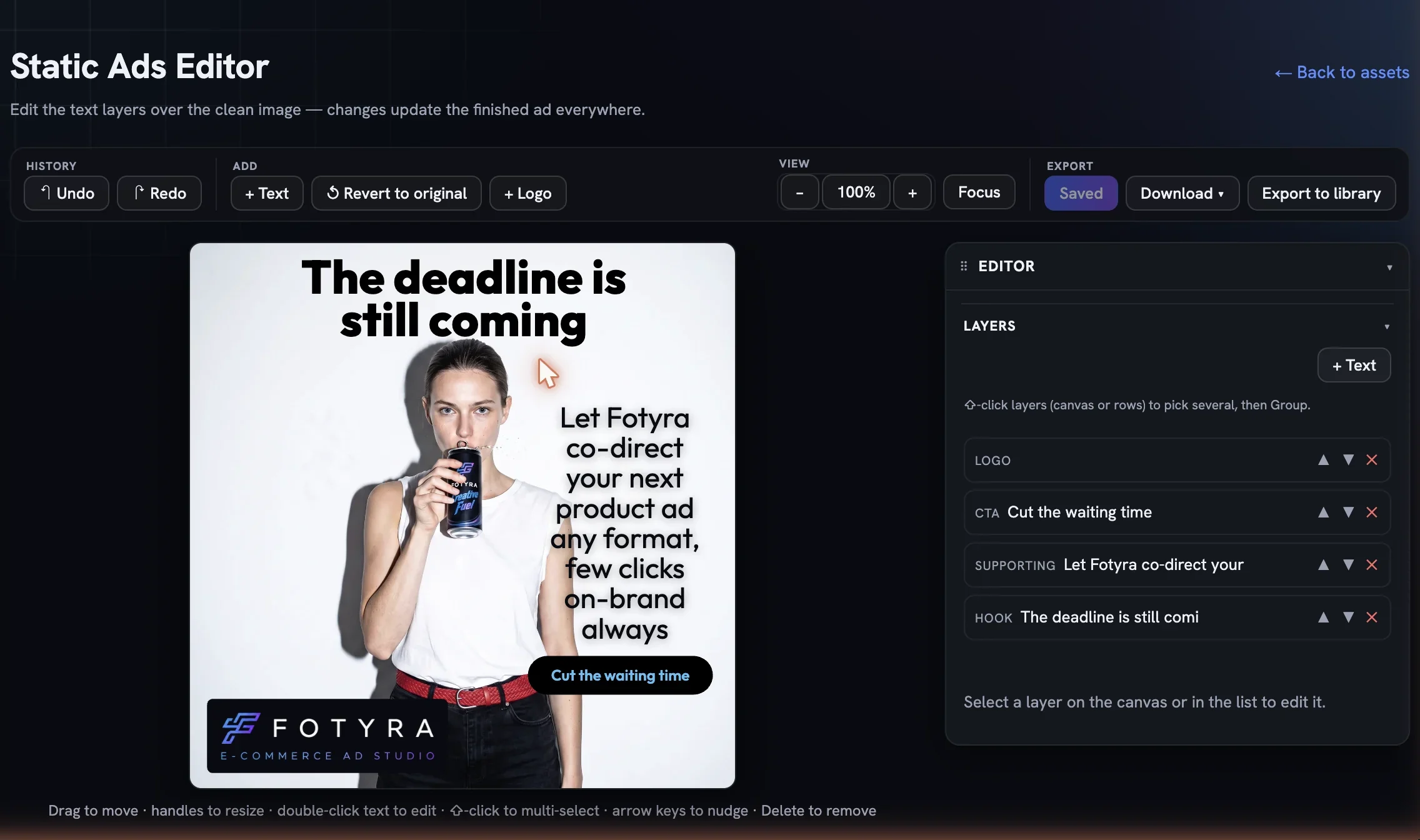 The editor showing an ad with hook, supporting, cta and logo rows in the Layers list