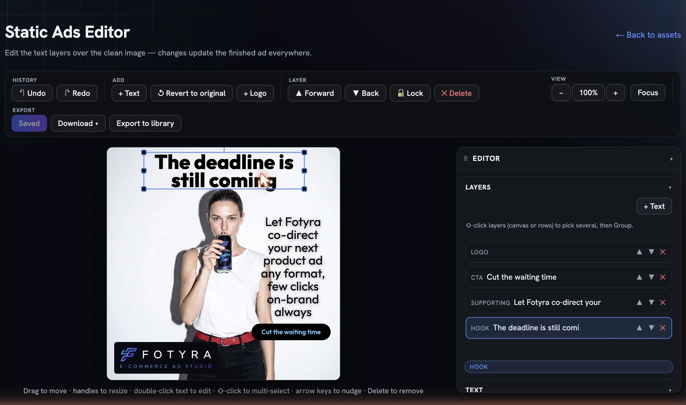 The editor with the headline selected on the canvas showing corner handles, and the Text section open in the panel