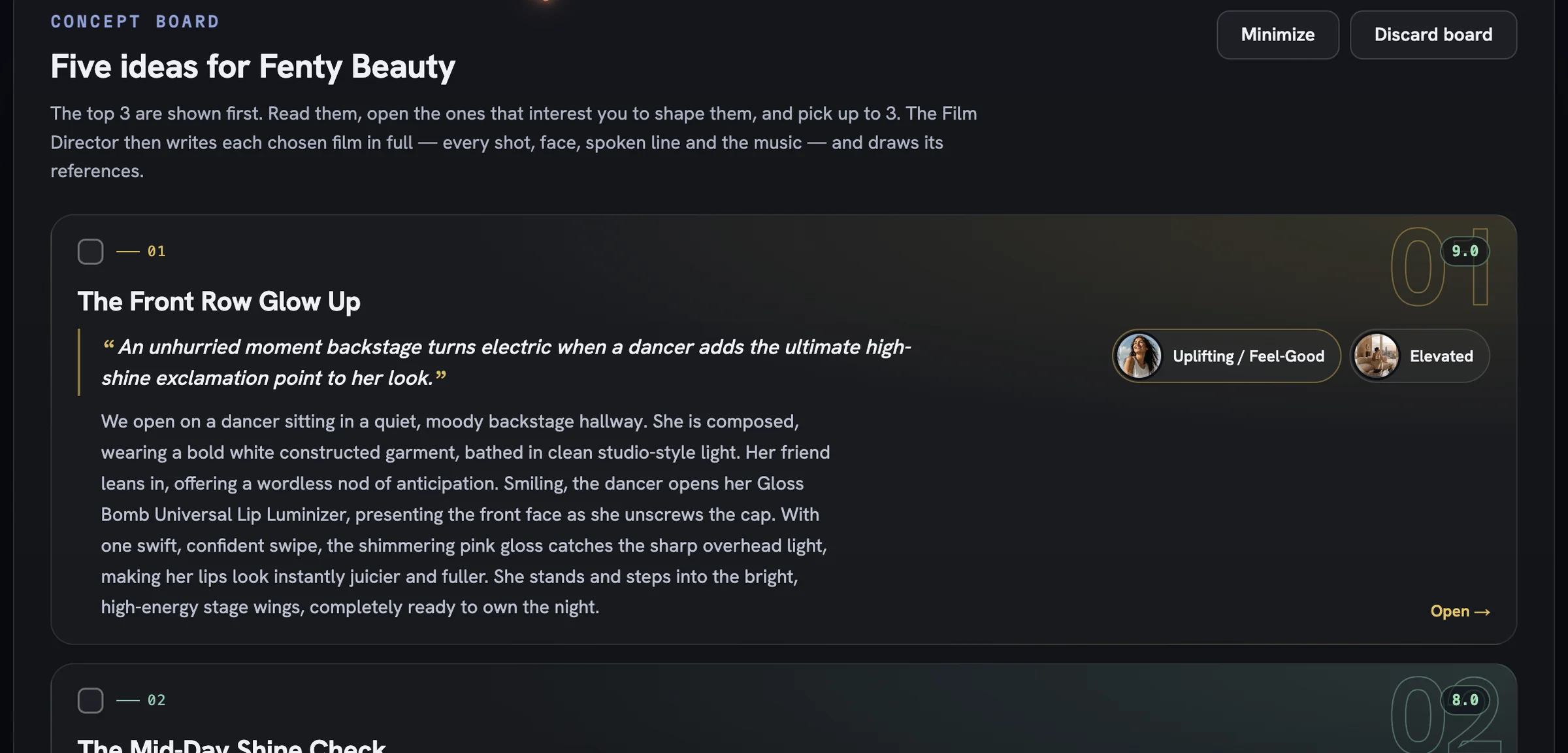 The Concept board headed Five ideas for Fenty Beauty, with the first concept card, its score, hook and mood chips