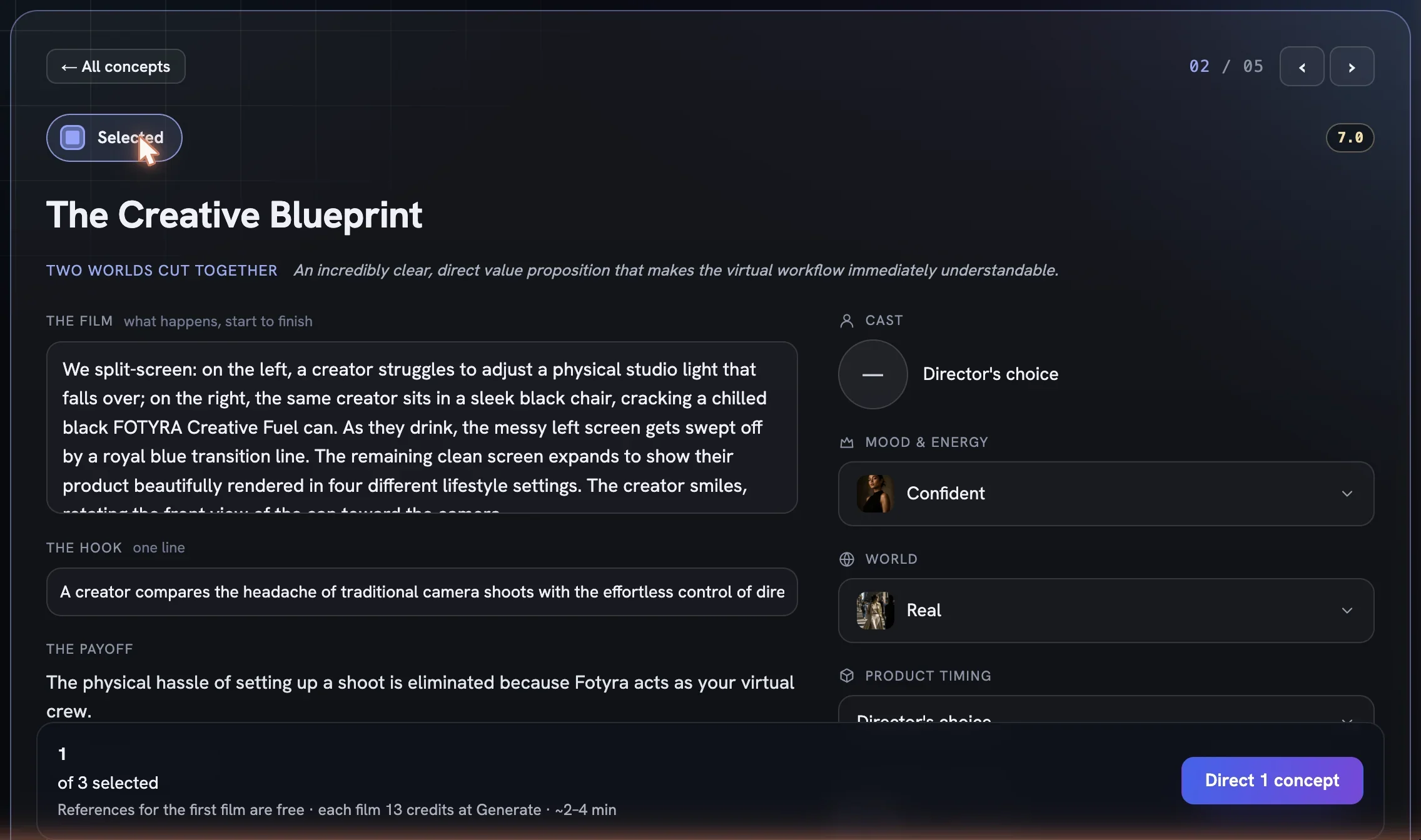 A selected concept card with the footer showing 1 of 3 selected, the free-references line and the Direct 1 concept button