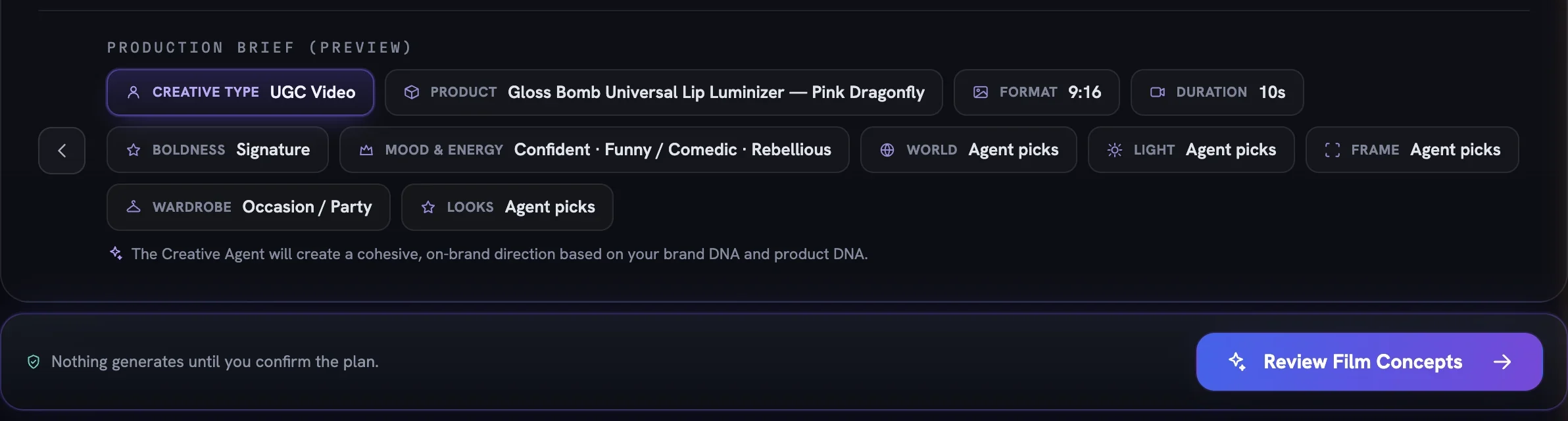 The bottom of the Direction step for a UGC video: the Production Brief preview and the Review Film Concepts button