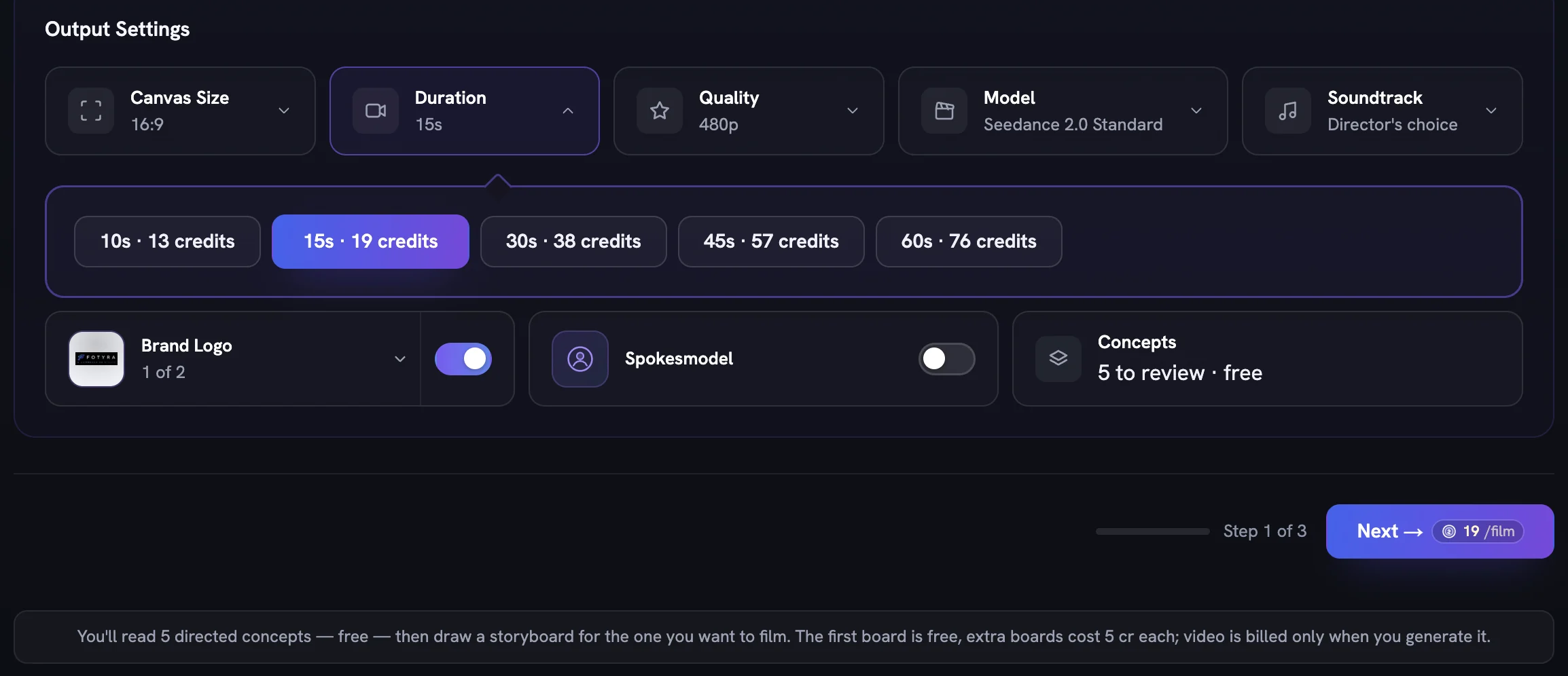Output Settings for a video with the Duration panel open, Brand Logo on, Spokesmodel off and the Concepts pill