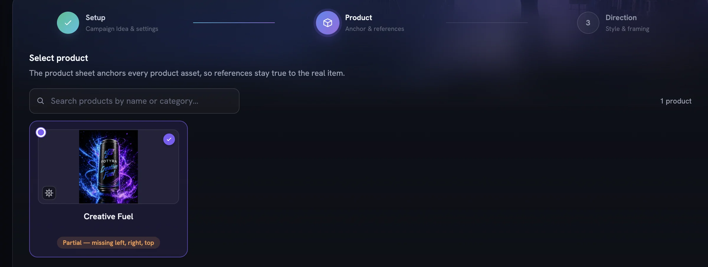 The Product step with the Creative Fuel can selected and a Partial sheet badge under it