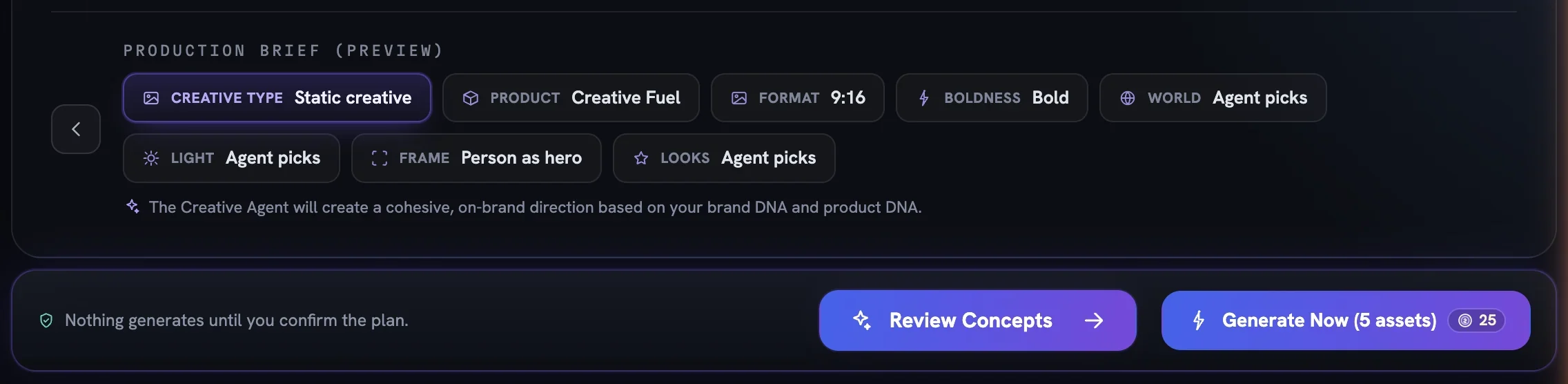 The Production Brief preview chips above the run bar with Review Concepts and Generate Now buttons
