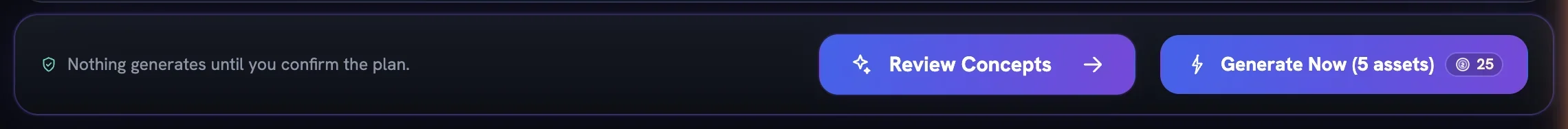 The run bar for a static batch with Review Concepts and Generate Now buttons and a credit badge