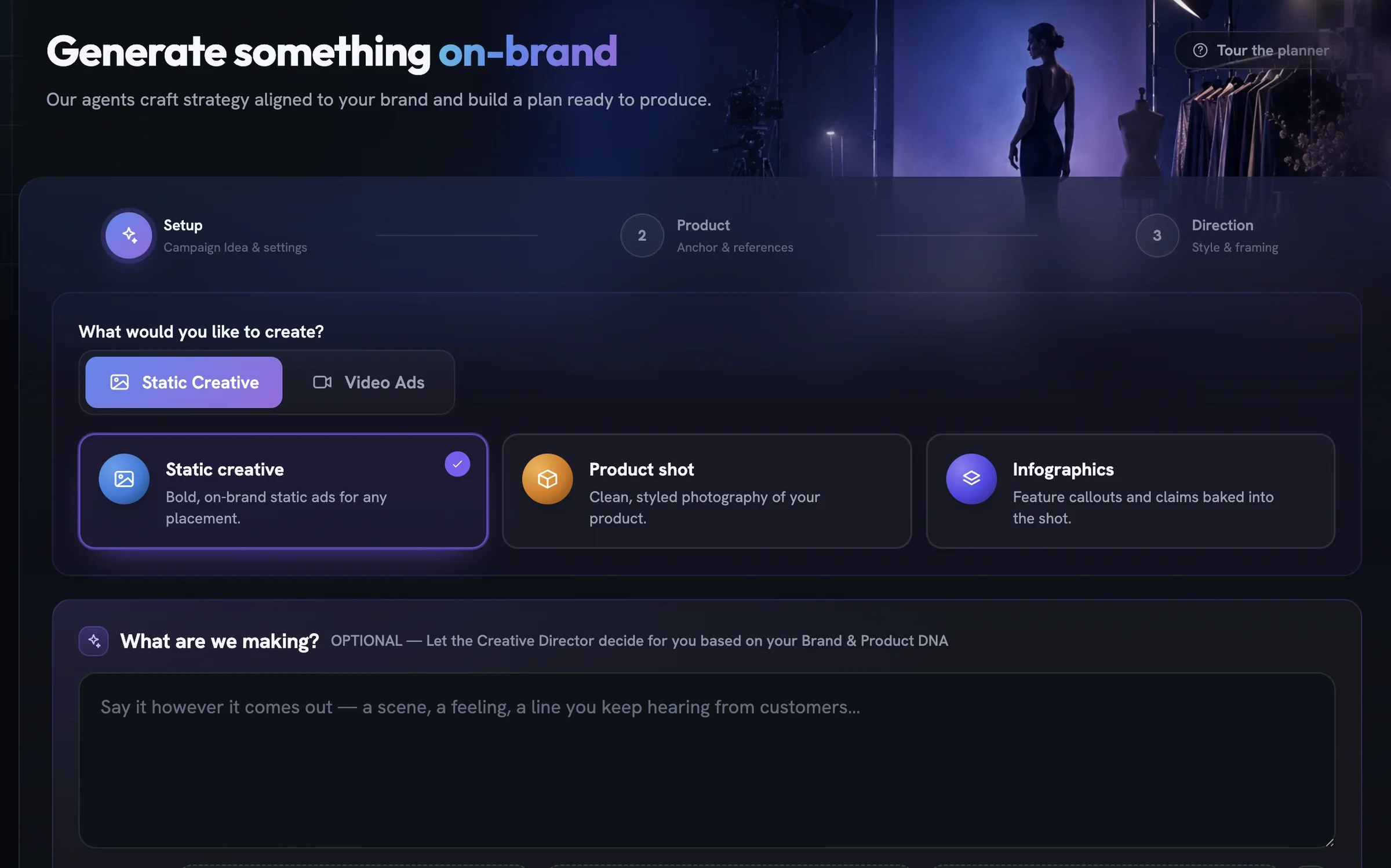 The Setup step of Generate with the Static Creative tab active and the Static creative card selected