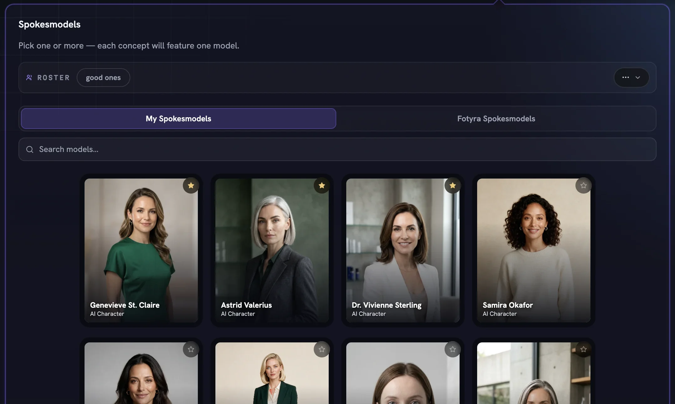 The Spokesmodels picker with the My Spokesmodels tab selected, a search box and a grid of the project's own persona portraits