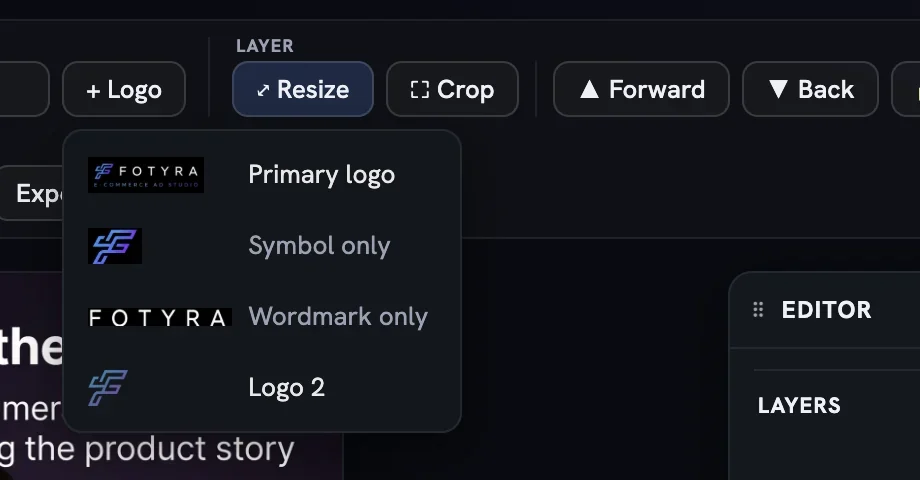 The + Logo menu open with Primary logo, Symbol only, Wordmark only and Logo 2 entries