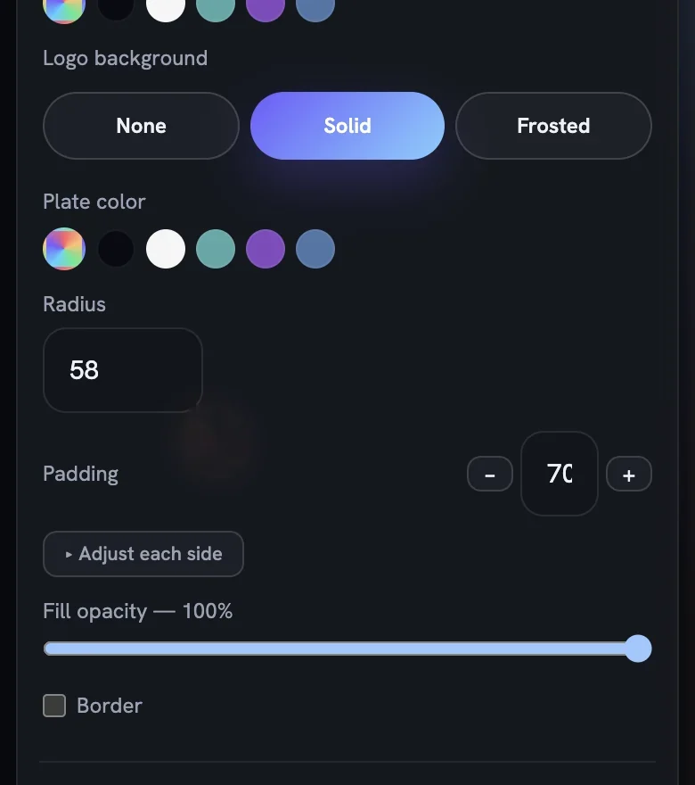 The Logo background controls with Solid selected, showing Plate color, Radius, Padding, Fill opacity and Border