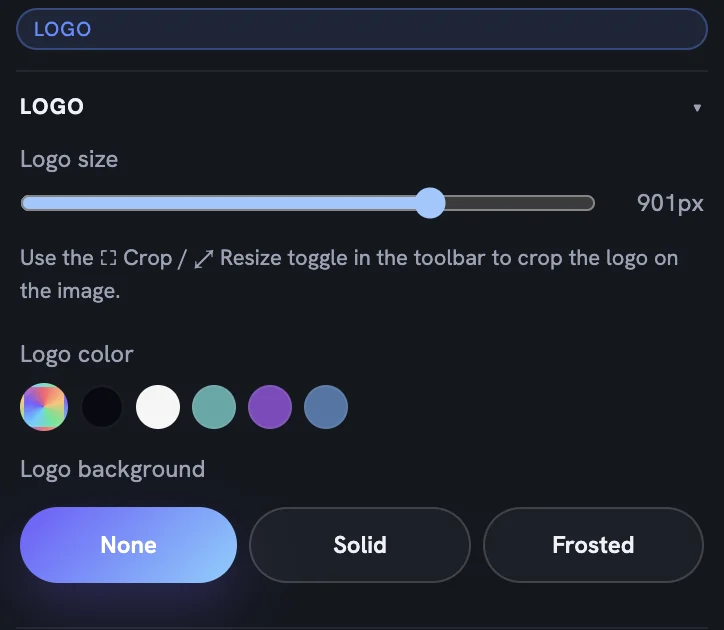 The Logo section with a Logo size slider, a row of colour swatches and the None, Solid and Frosted background buttons