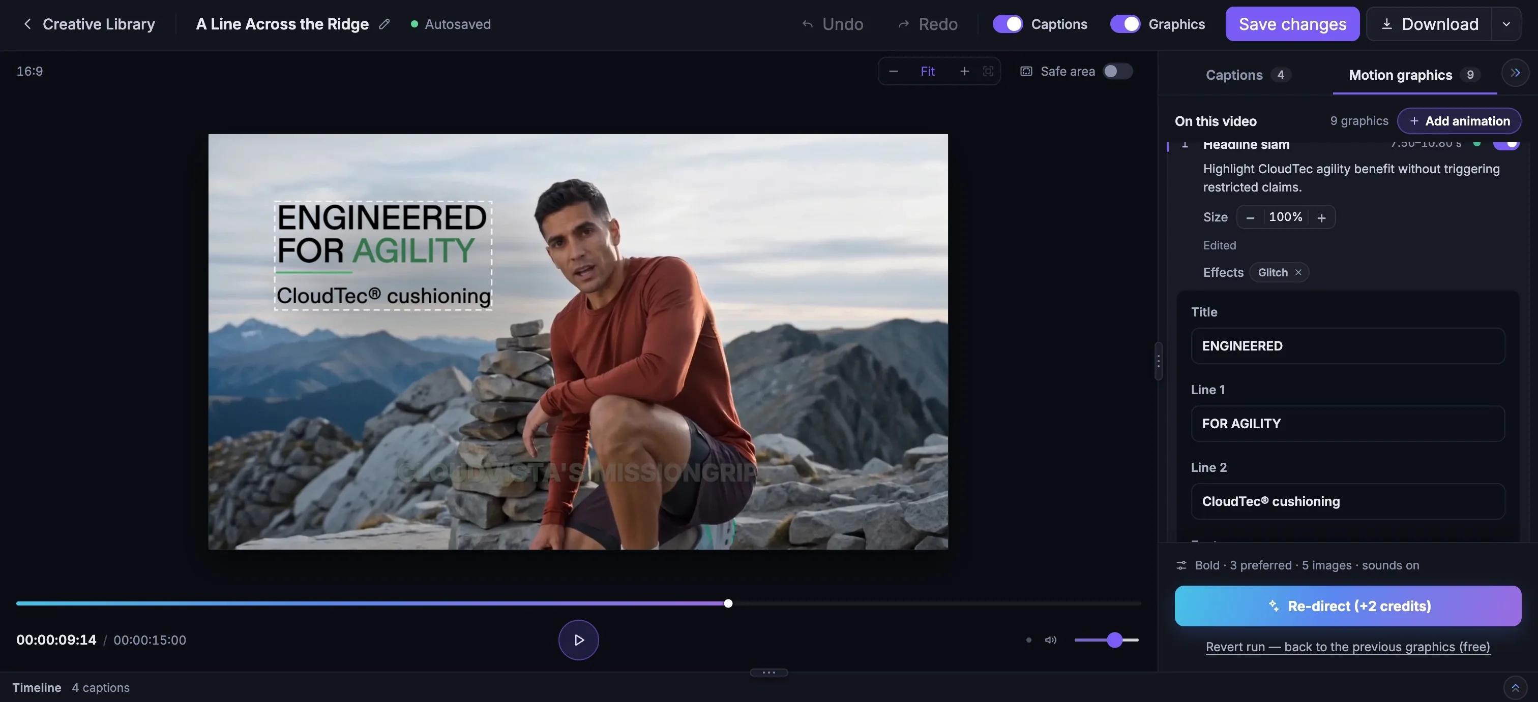 The Motion Graphics Editor with a Headline slam selected: the graphic outlined on the film and its words open in the right-hand panel