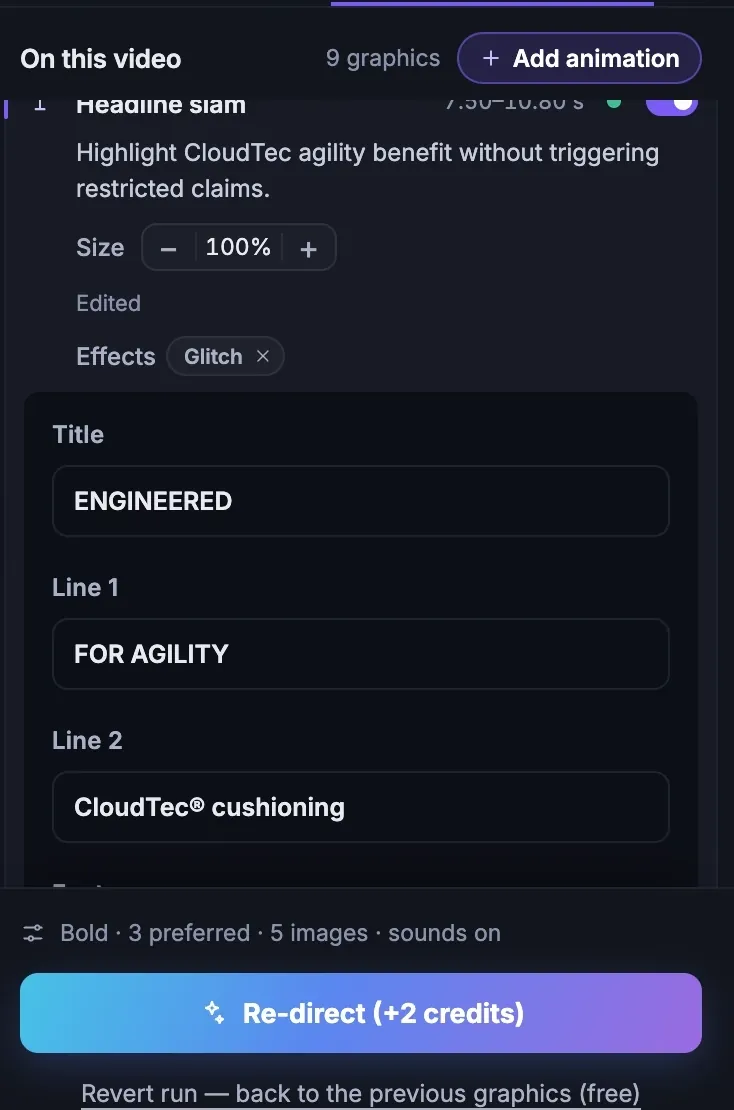 The panel for a Headline slam graphic: its reason, a Size control at 100%, a Glitch effect, and fields for the title and two lines