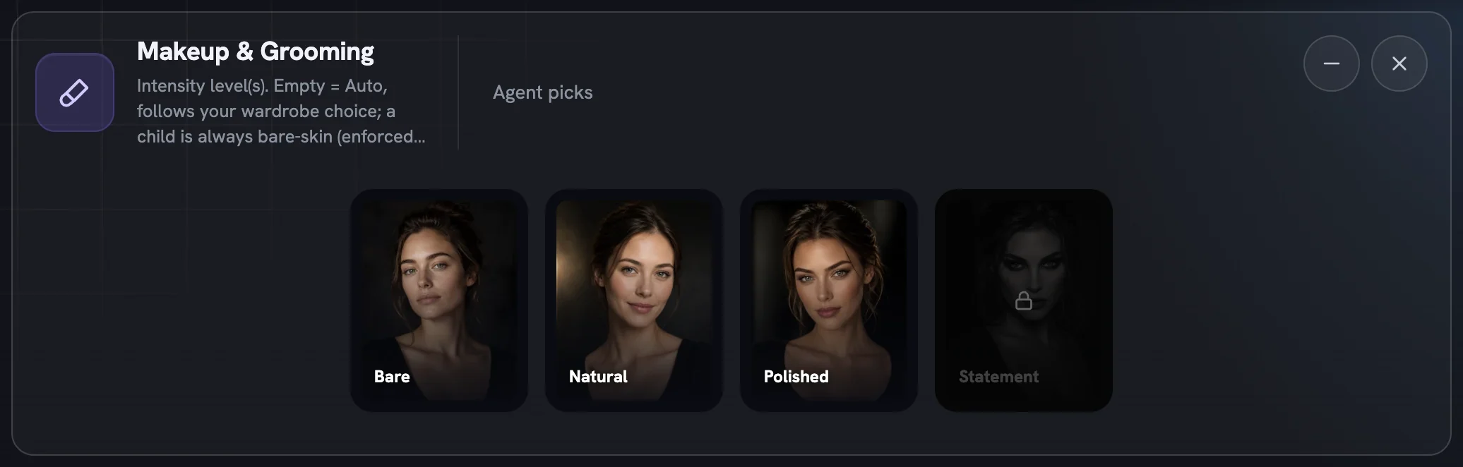 The Makeup & Grooming row with four portrait cards from Bare to Statement; Natural is highlighted