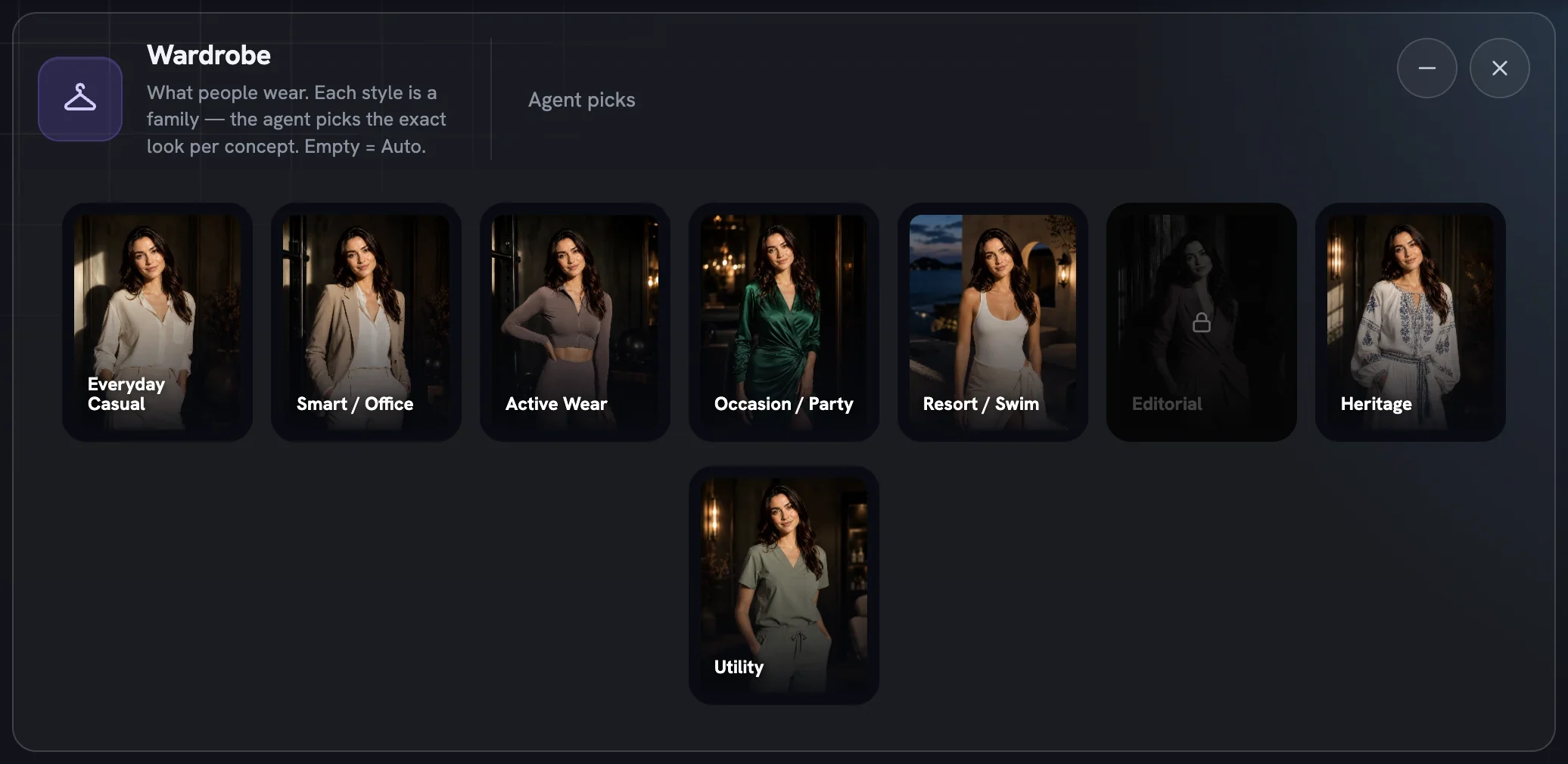The Wardrobe row with eight style cards of the same model in different outfits; Editorial is dimmed and padlocked