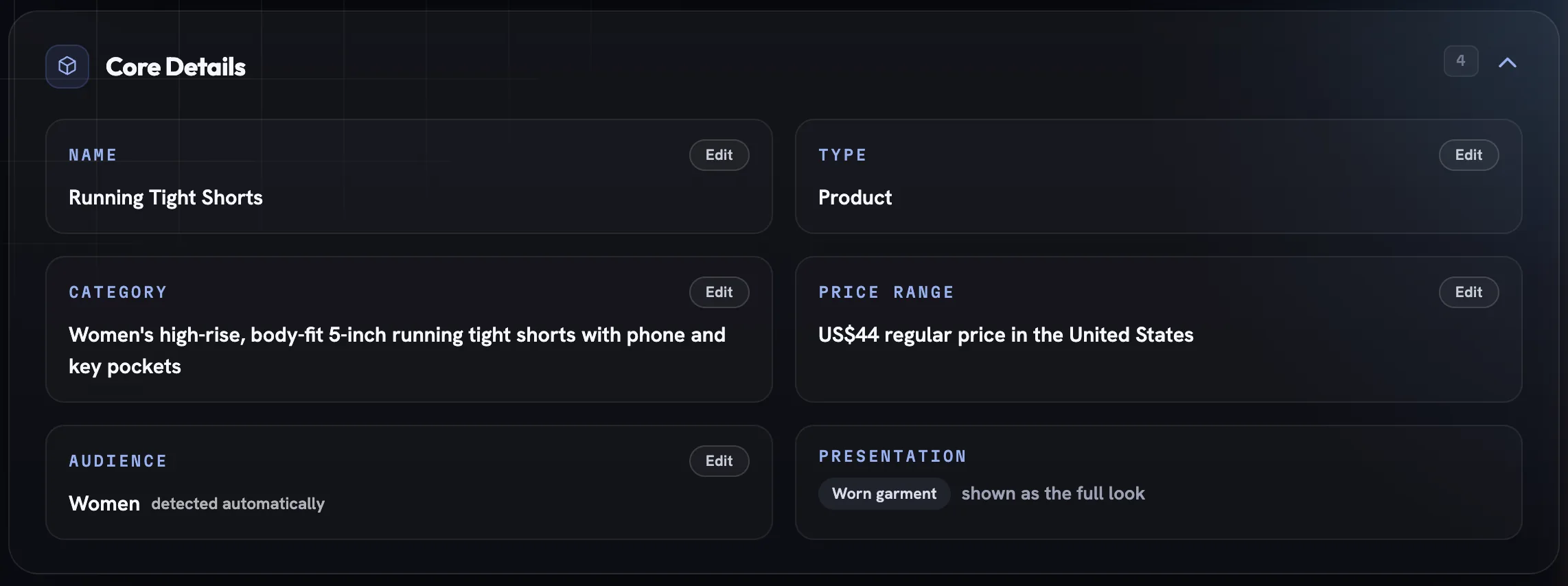 The Core Details section with Name, Type, Category, Price range, Audience marked detected automatically and a Presentation reading Worn garment, shown as the full look
