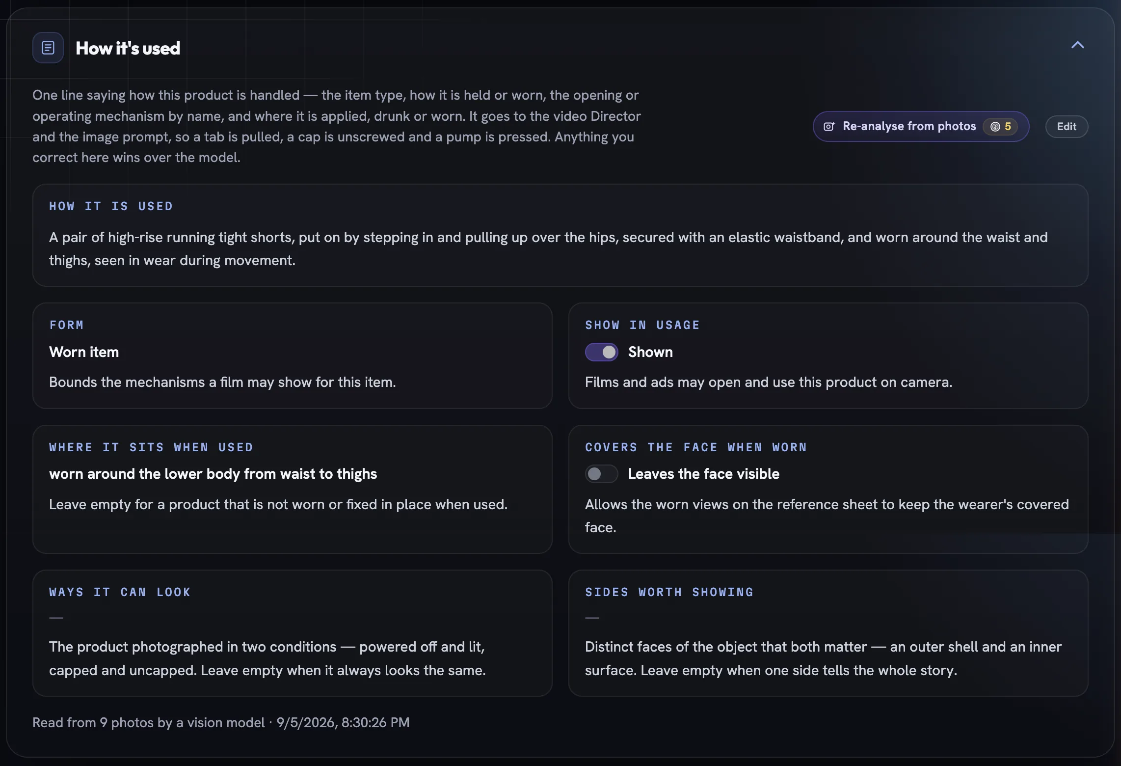 The How it's used section with a one-line usage description and cards for Form, Show in usage, Where it sits when used, Covers the face when worn, Ways it can look and Sides worth showing