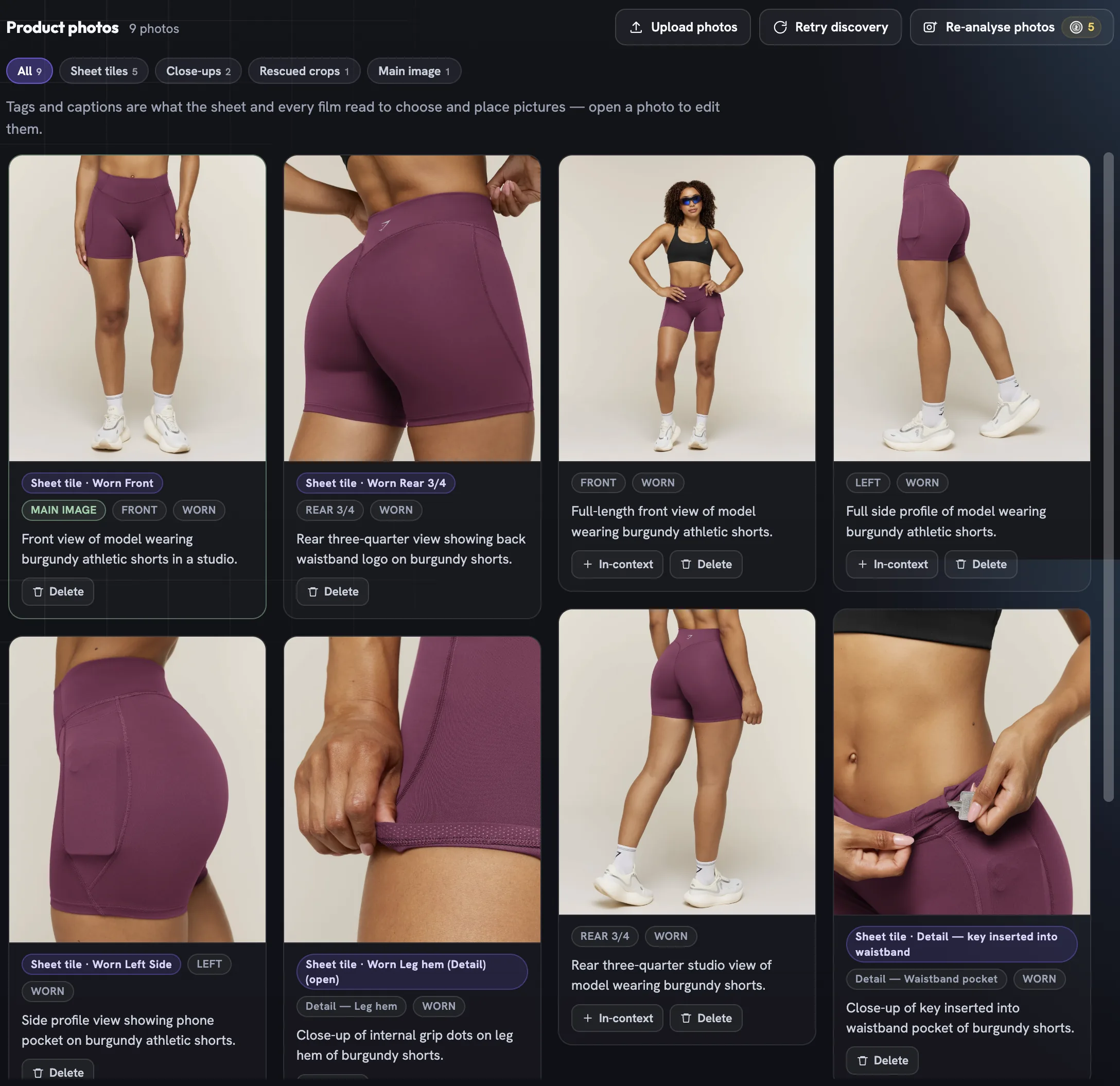 The Product Visuals gallery showing nine photographs of running shorts, filter pills counting sheet tiles, close-ups, rescued crops and the main image, and cards tagged Sheet tile · Worn Front, Main image, Rear 3/4 and Worn, each with a written caption