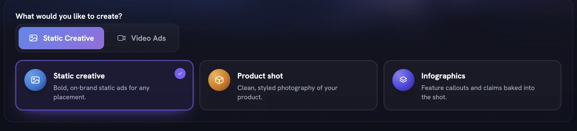 The Static Creative tab with three cards: Static creative, Product shot and Infographics