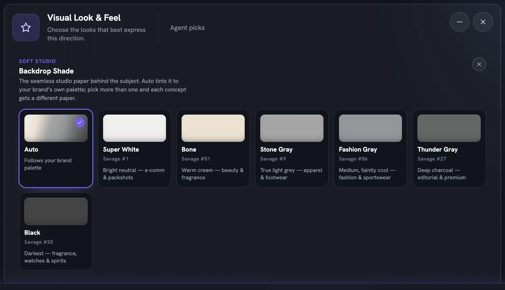 The Backdrop Shade panel for Soft Studio with Auto selected and six named studio papers