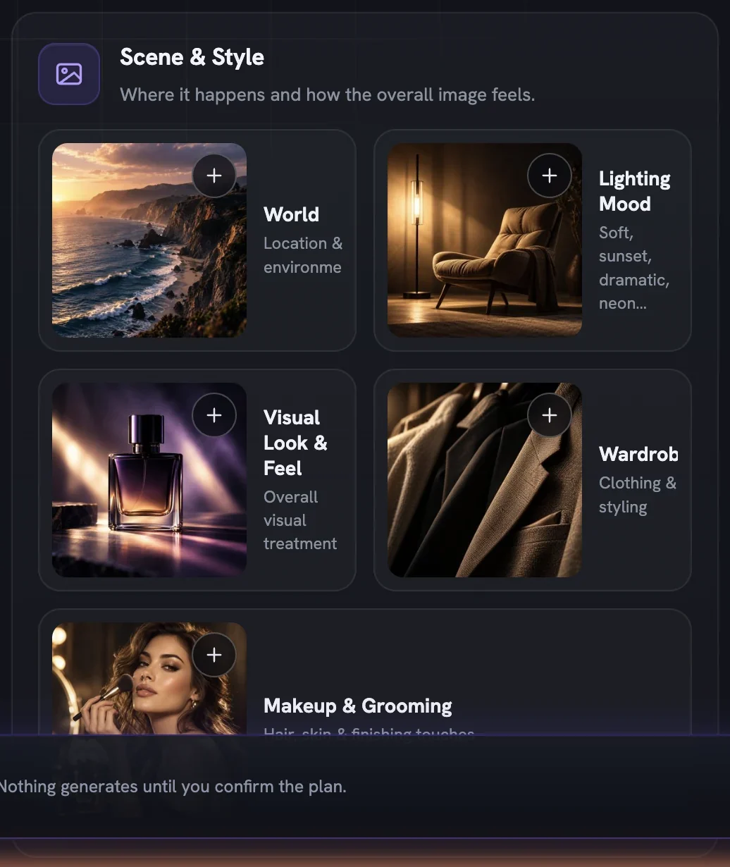 The Scene & Style group in the picker: World, Lighting Mood, Visual Look & Feel, Wardrobe and Makeup & Grooming tiles, each with a + button