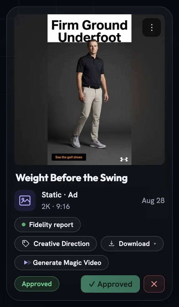 A single static ad card with name, kind line, chips for Fidelity report, Creative Direction, Download and Generate Magic Video, and an Approved pill