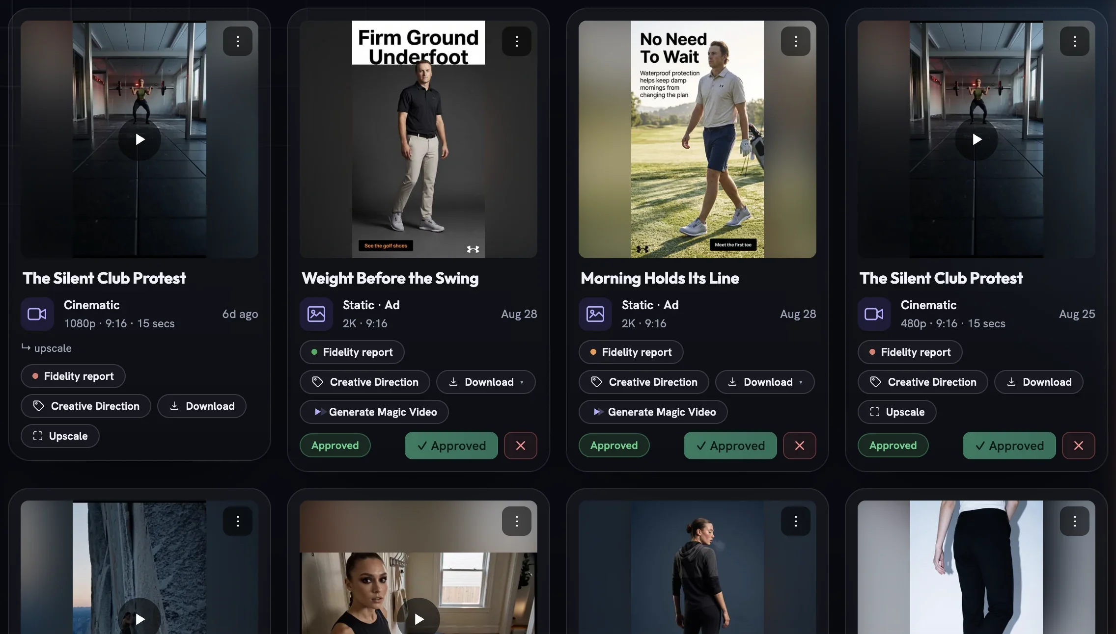 Two rows of cards mixing cinematic films, static ads and product shots with their chip rows and review pills