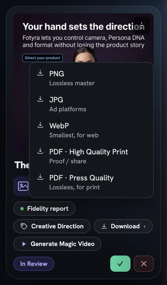 The Download menu on a static card listing PNG, JPG, WebP, PDF High Quality Print and PDF Press Quality with one-line hints