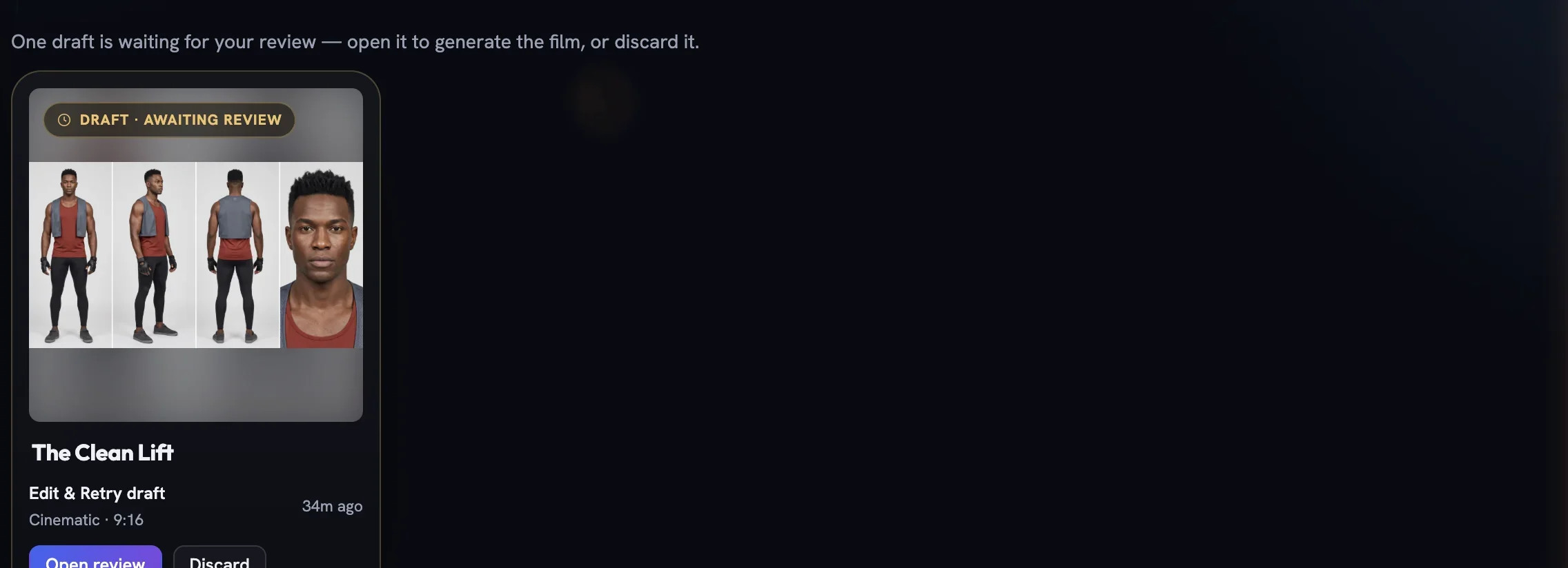 The drafts tray above the grid showing a film draft awaiting review with Open review and Discard buttons