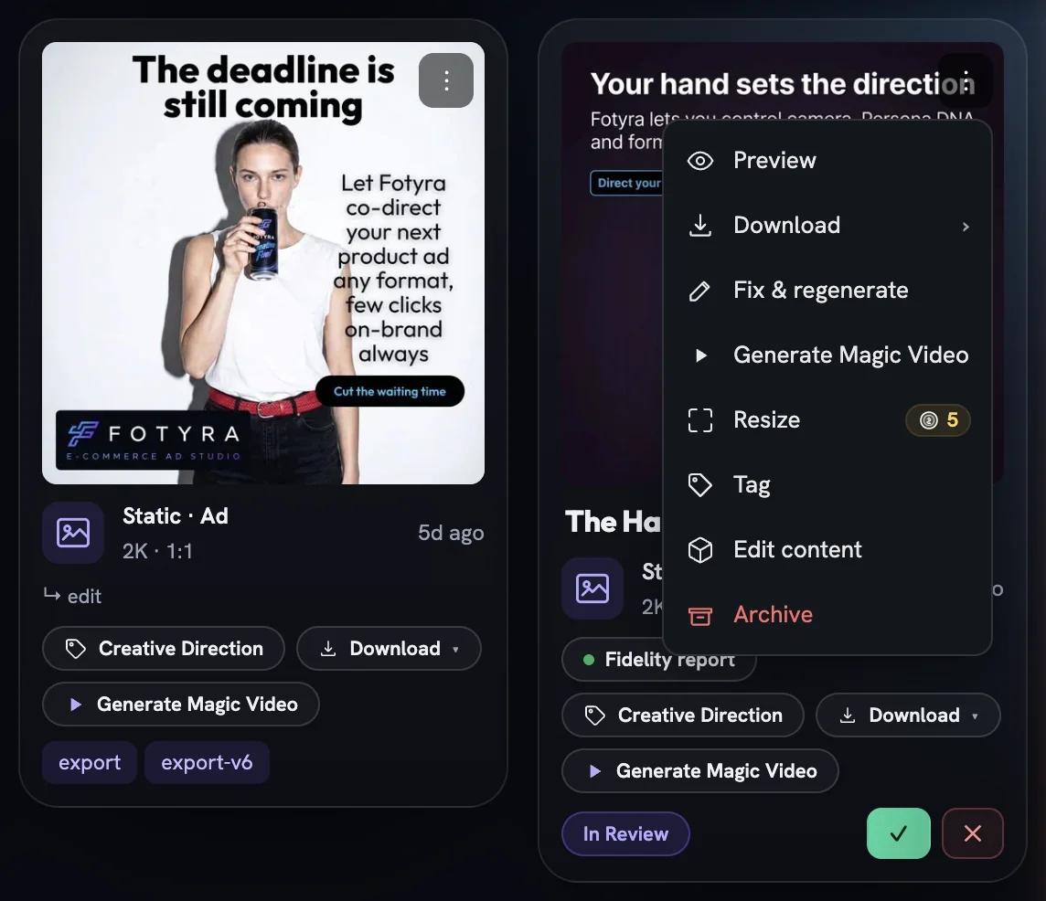 Two static ad cards; the left one shows custom tags export and export-v6, the right one has its menu open with the Tag entry