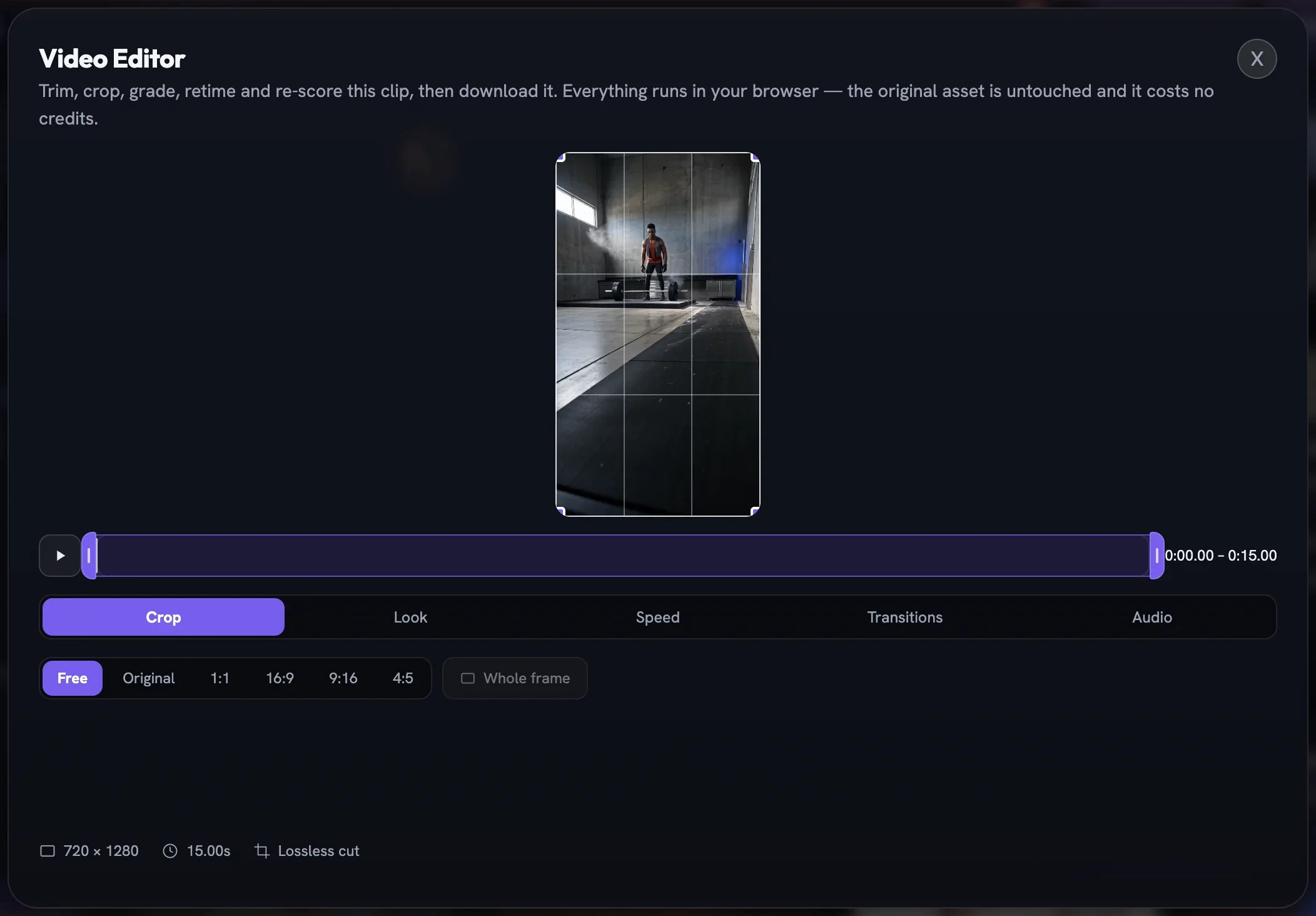 The Video Editor dialog with a vertical film preview, a trim timeline and Crop, Look, Speed, Transitions and Audio tabs