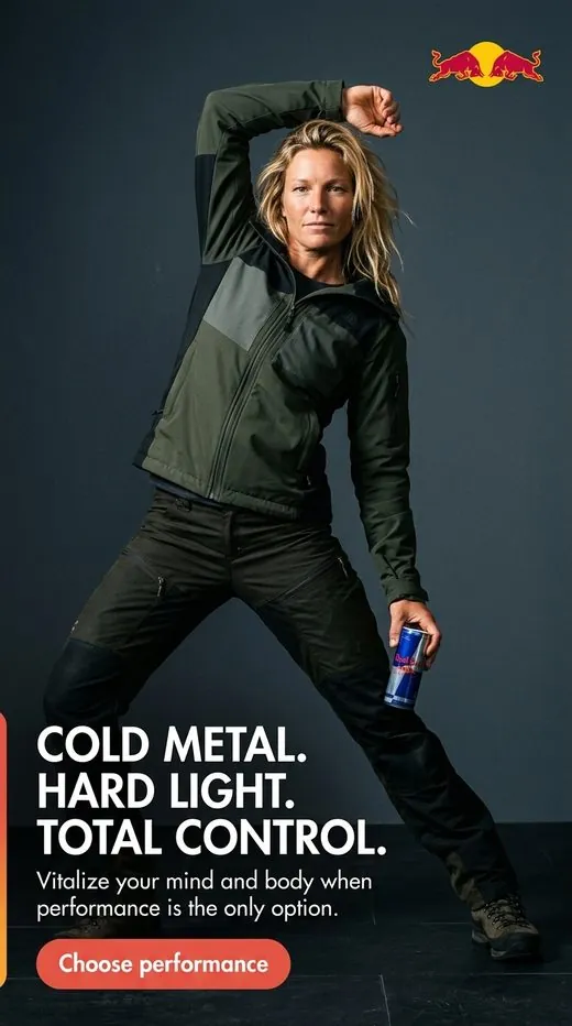Red Bull ad — an athlete in outdoor gear posing with a can, dark backdrop