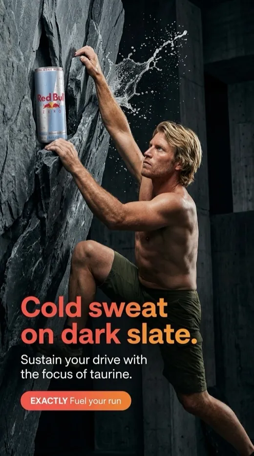 Red Bull Zero ad — a climber reaches past the can wedged in dark slate rock, water splashing