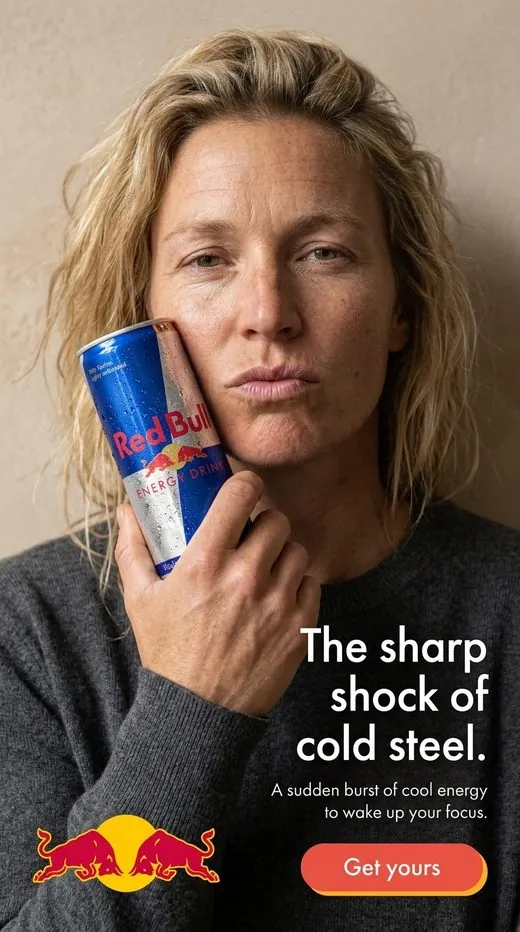 Red Bull ad — a woman holding the chilled can against her cheek