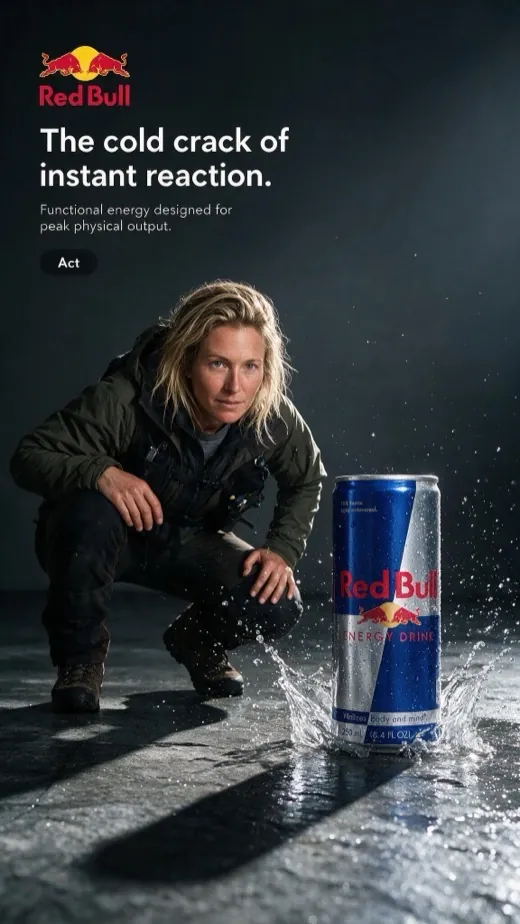 Red Bull ad — a woman crouched beside the can as it splashes on wet ground